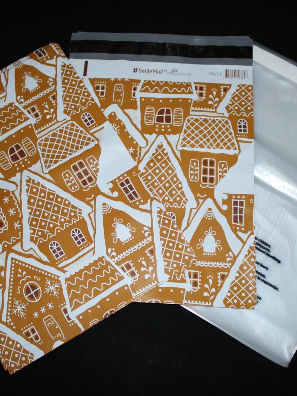 50 pcs - 25 10x13 Gingerbread Poly Mailers & 25 10x13 Self Sealing Clear Bags